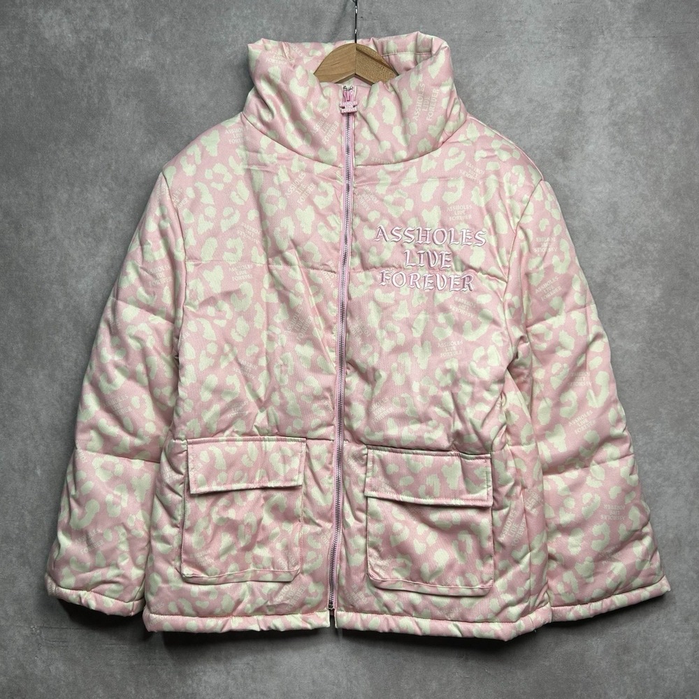 As*holes Live Forever Jacket Zip Up Pink Cheetah Winter Embroidered Women's S
